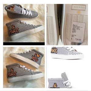 Laurence Dacade Blue and White Checkered High-Top Sneakers I love you and Paris